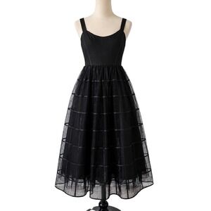 Monique Lhuillier Fit & Flare Tulle Midi Dress Black Sleeveless Windopane Size 4